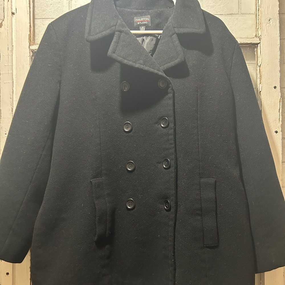 Halston Studio Black Double-Breasted Wool Blend Pea Coat - Size 18